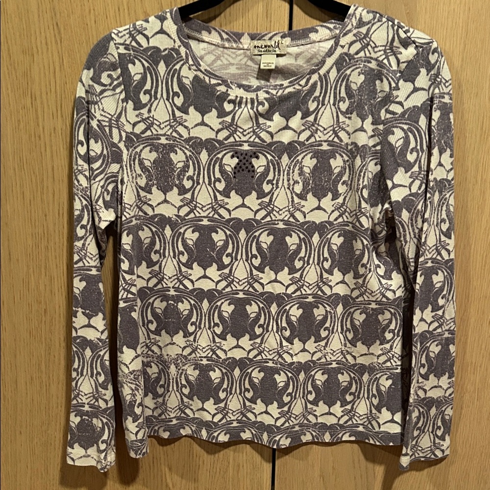 ONE WORLD Women's Purple and White Patterned Top